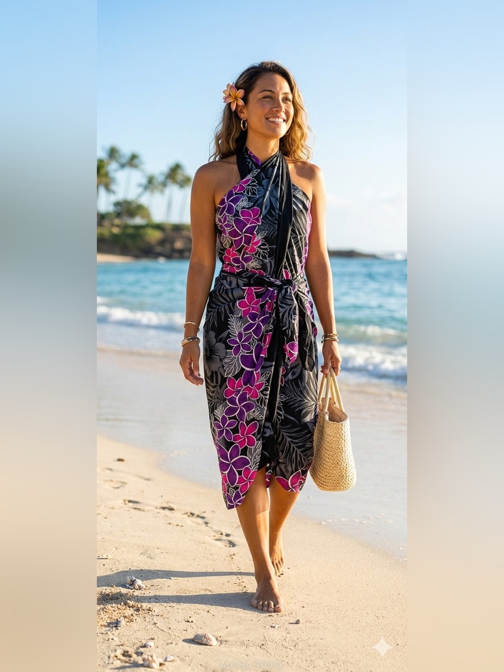 Pink purple gray black plumeria cluster Pareo sarong Host Pick